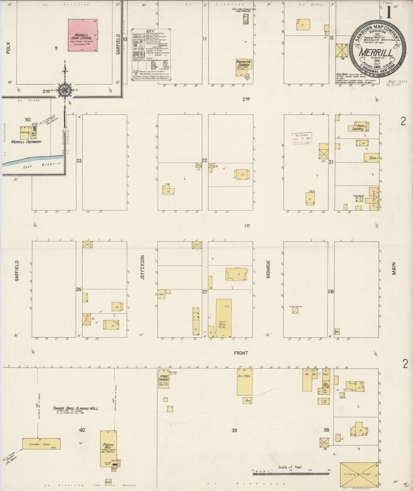 Sanborn Fire Insurance Map from Merrill, Klamath County, Oregon (1915), Sheet #0001 - Historic Sanborn Fire Insurance Map Print, vintage old map wall art, antique decor, genealogy gift, Oregon Oregon map