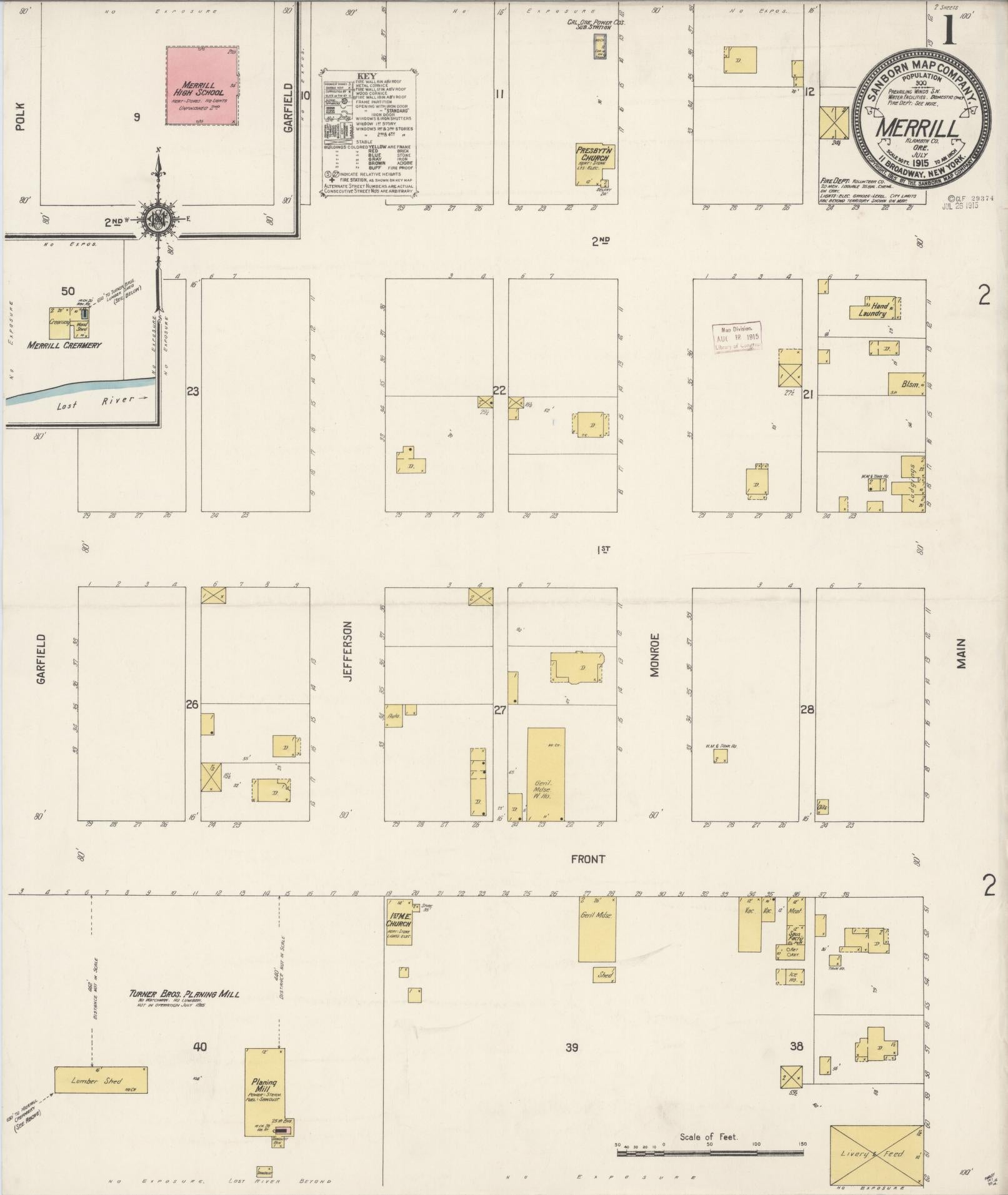 Sanborn Fire Insurance Map from Merrill, Klamath County, Oregon (1915), Sheet #0001 - Historic Sanborn Fire Insurance Map Print, vintage old map wall art, antique decor, genealogy gift, Oregon Oregon map