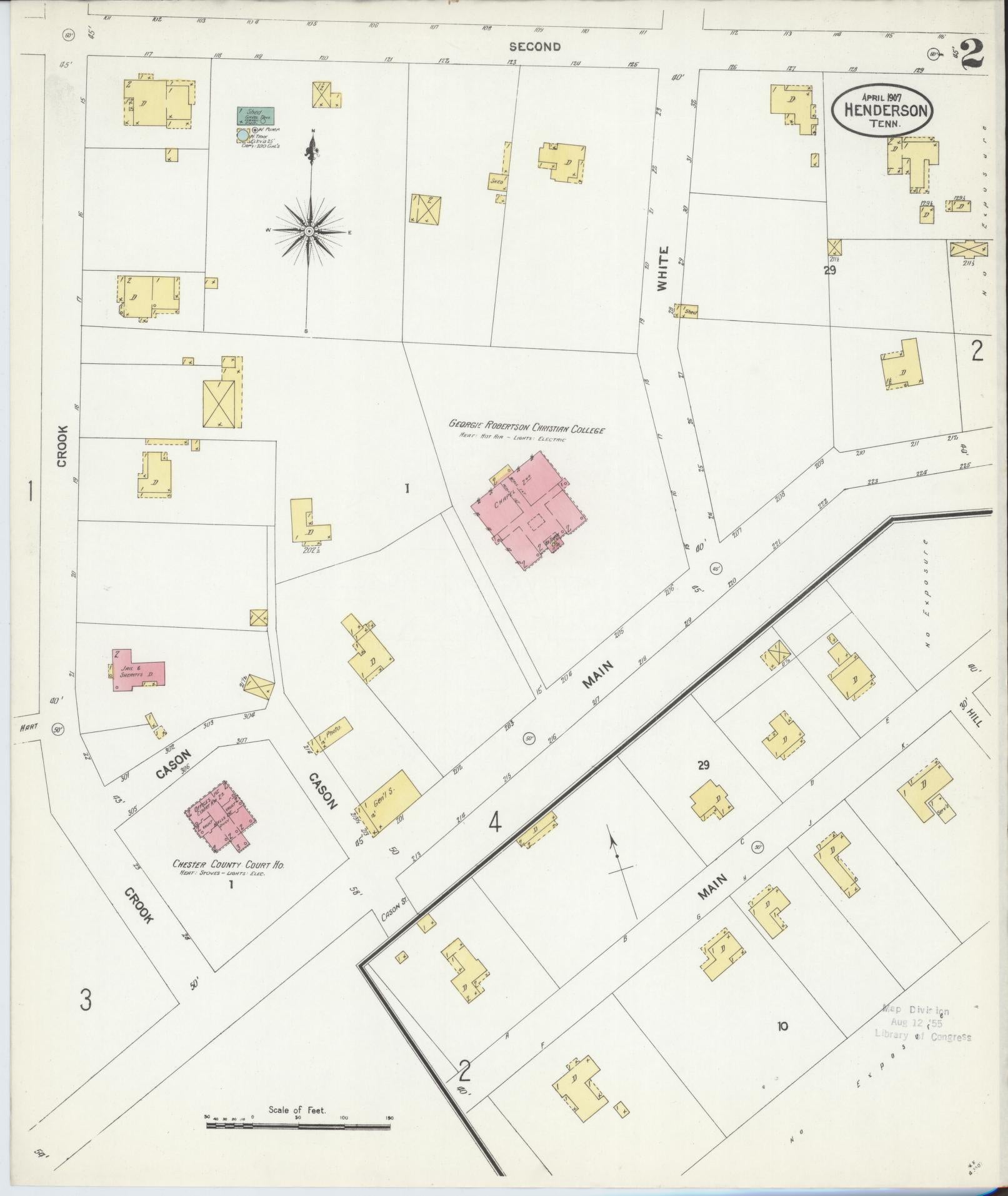 Sanborn Fire Insurance Map from Henderson, Chester County, Tennessee (1907), Sheet #0002 - Historic Sanborn Fire Insurance Map Print, vintage old map wall art, antique decor, genealogy gift, Tennessee Tennessee map