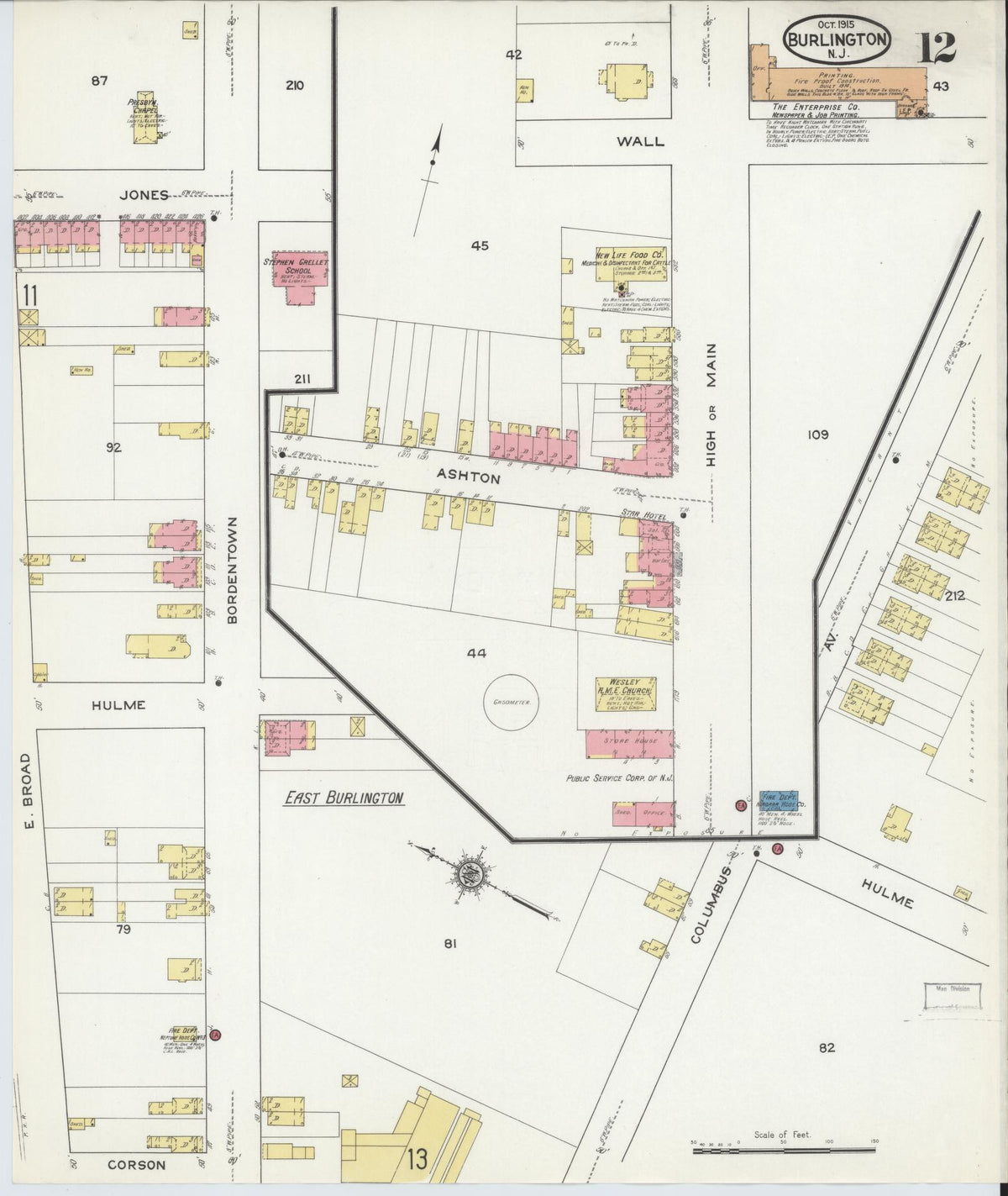 Sanborn Fire Insurance Map from Burlington, Burlington County, New Jersey (1915), Sheet #0012 - Historic Sanborn Fire Insurance Map Print, vintage old map wall art, antique decor, genealogy gift, New Jersey New Jersey map