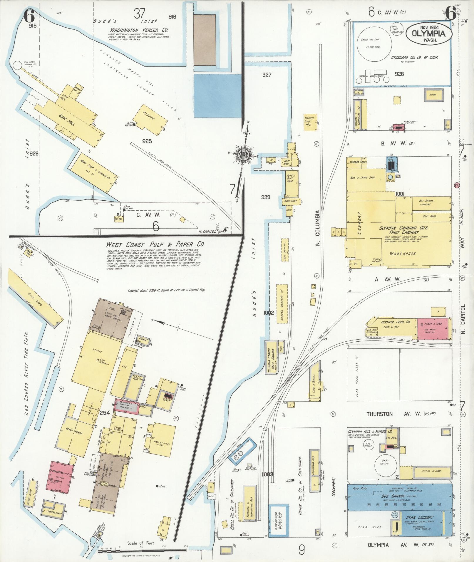 Sanborn Fire Insurance Map from Olympia, Thurston County, Washington (1924), Sheet #0006 - Complete Map Set gallery image, historic Sanborn map, vintage wall art, Washington Washington