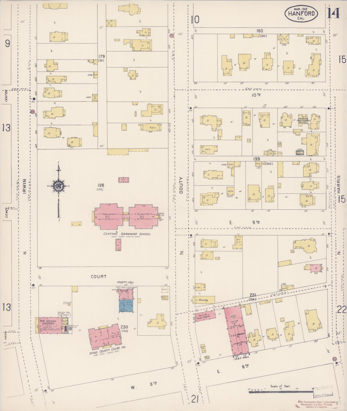 Sanborn Fire Insurance Map from Hanford, Kings County, California (1913), Sheet #0014 - Complete Map Set gallery image, historic Sanborn map, vintage wall art, California California
