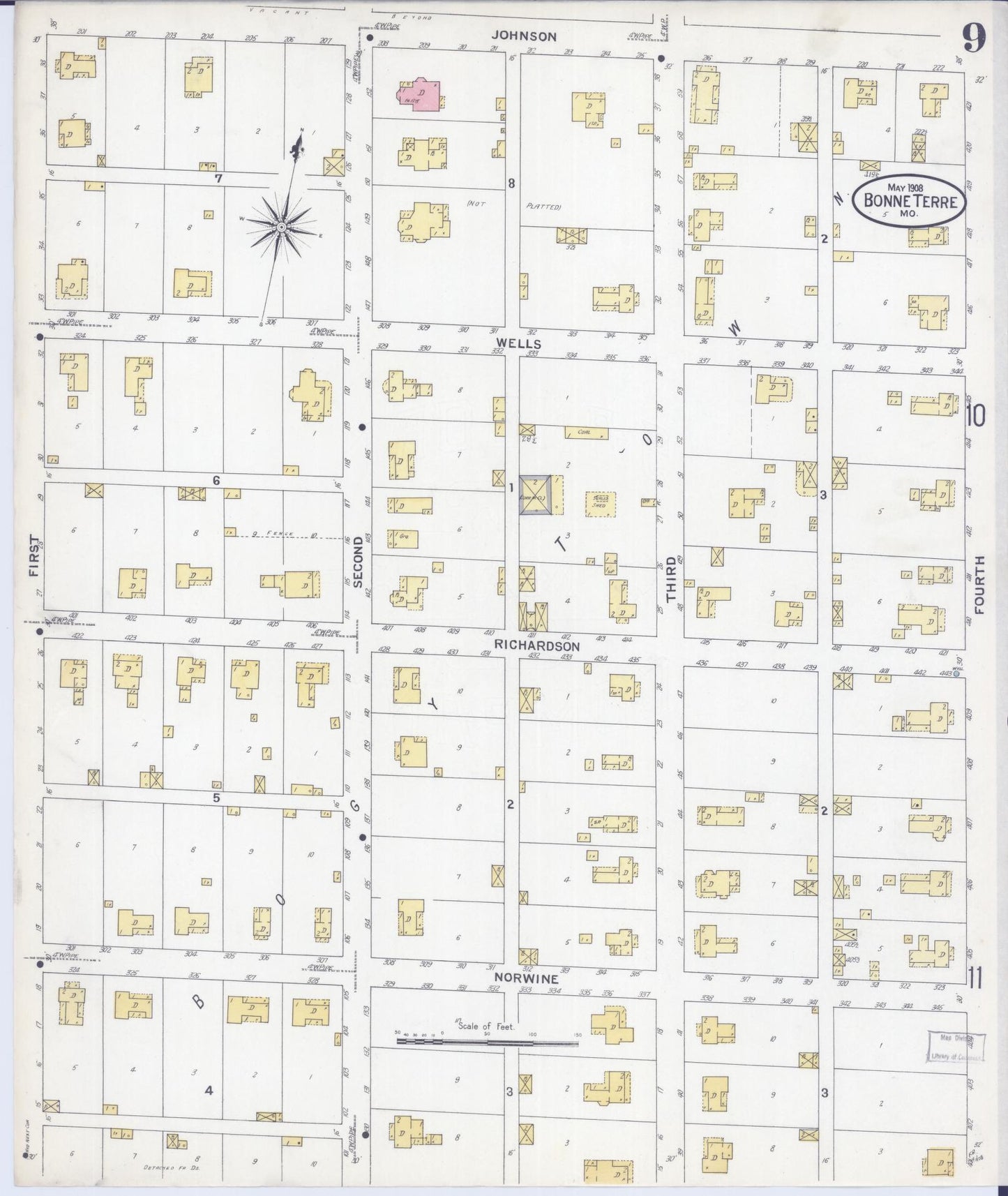 Sanborn Fire Insurance Map from Bonne Terre, Saint Francois County, Missouri (1908), Sheet #0009 - Complete Map Set gallery image, historic Sanborn map, vintage wall art, Missouri Missouri
