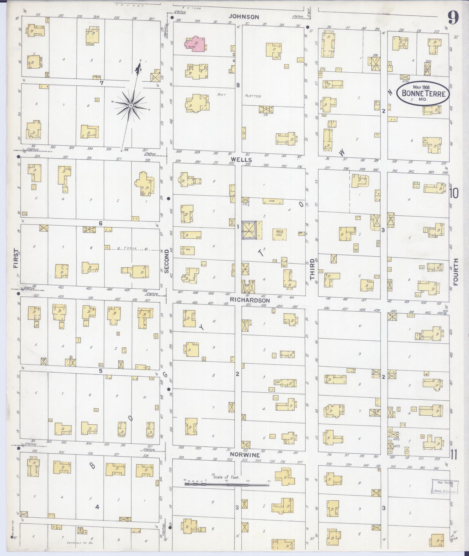 Sanborn Fire Insurance Map from Bonne Terre, Saint Francois County, Missouri (1908), Sheet #0009 - Complete Map Set gallery image, historic Sanborn map, vintage wall art, Missouri Missouri
