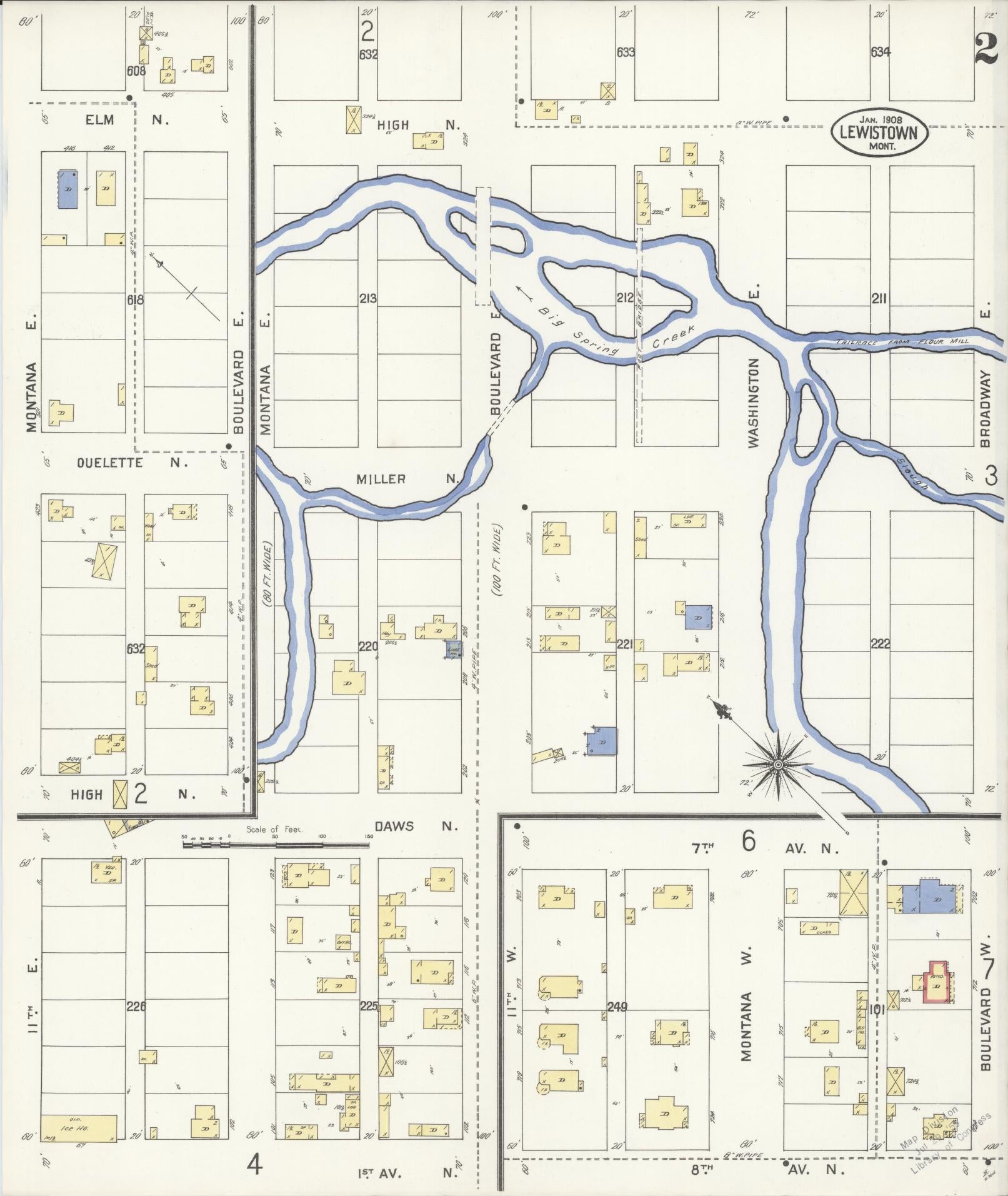 Sanborn Fire Insurance Map from Lewistown, Fergus County, Montana (1908), Sheet #0002 - Historic Sanborn Fire Insurance Map Print, vintage old map wall art, antique decor, genealogy gift, Montana Montana map