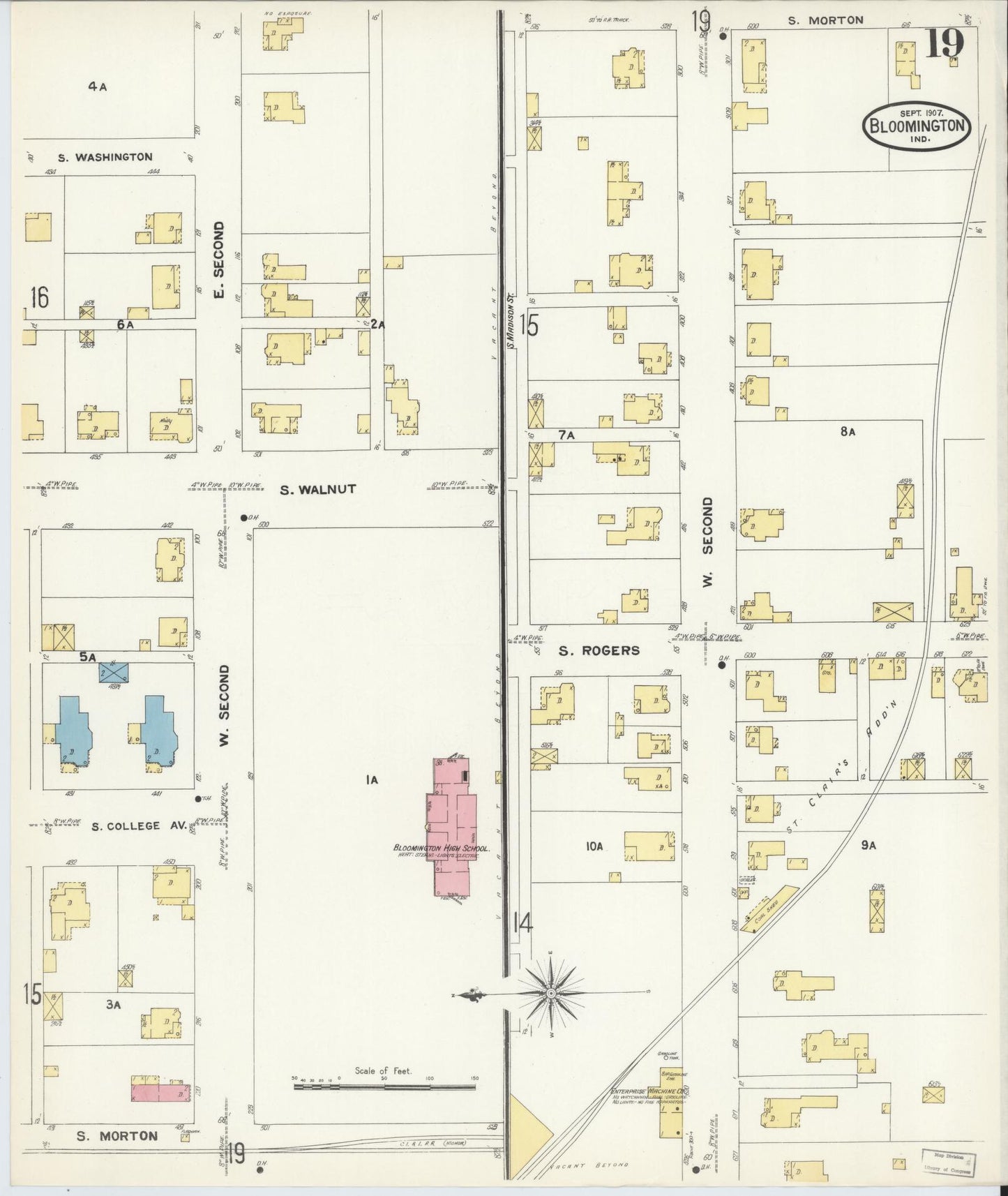 Sanborn Fire Insurance Map from Bloomington, Monroe County, Indiana (1907), Sheet #0019 - Historic Sanborn Fire Insurance Map Print, vintage old map wall art, antique decor, genealogy gift, Indiana Indiana map