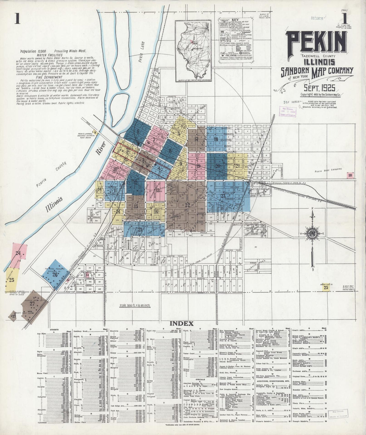 Sanborn Fire Insurance Map from Pekin, Tazewell County, Illinois (1925), Sheet #0001 - Historic Sanborn Fire Insurance Map Print, vintage old map wall art, antique decor, genealogy gift, Illinois Illinois map