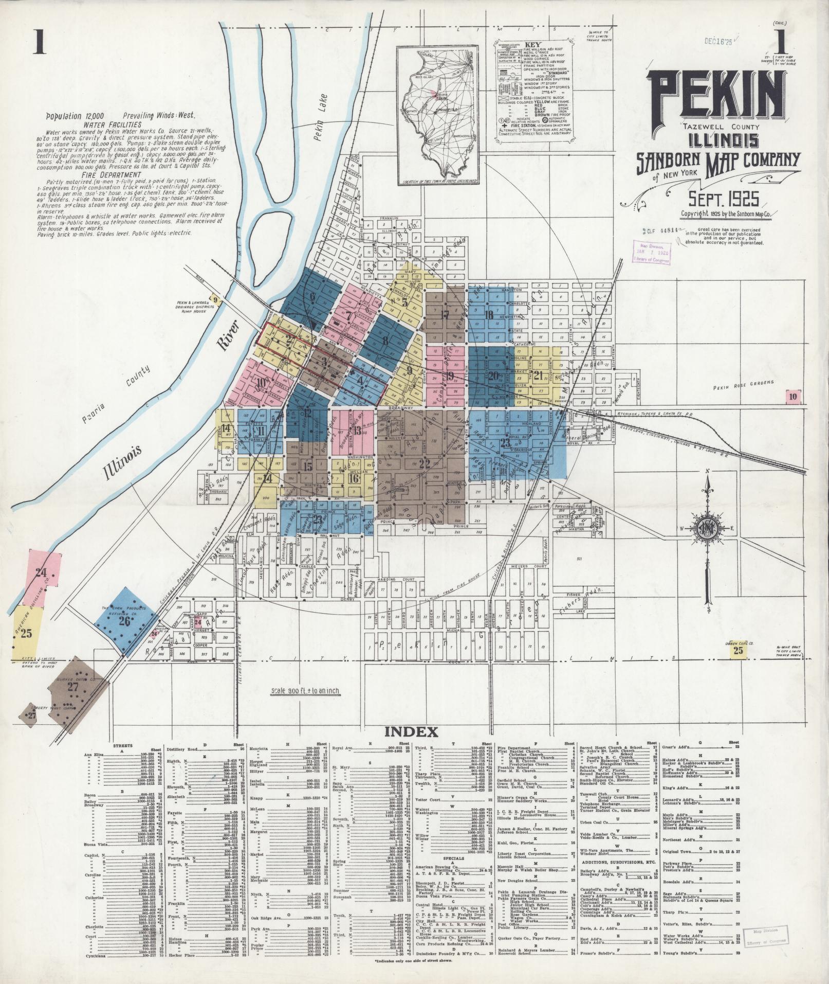 Sanborn Fire Insurance Map from Pekin, Tazewell County, Illinois (1925), Sheet #0001 - Historic Sanborn Fire Insurance Map Print, vintage old map wall art, antique decor, genealogy gift, Illinois Illinois map