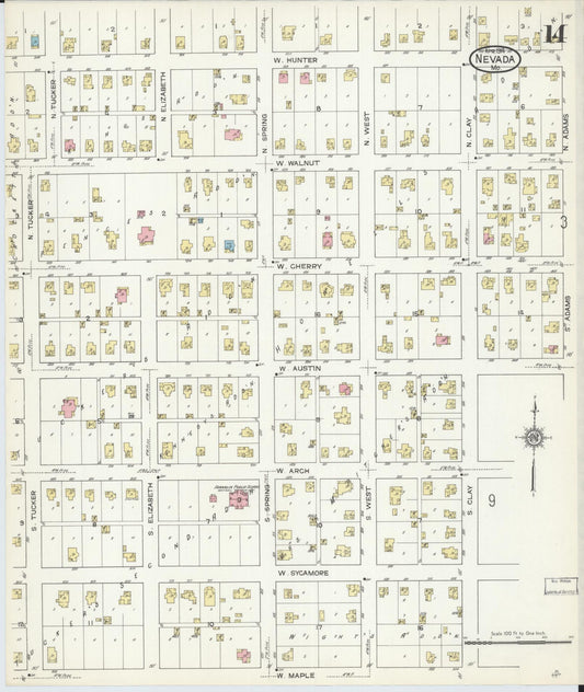 Sanborn Fire Insurance Map from Nevada, Vernon County, Missouri (1914), Sheet #0014 - Historic Sanborn Fire Insurance Map Print, vintage old map wall art, antique decor, genealogy gift, Nevada Nevada map