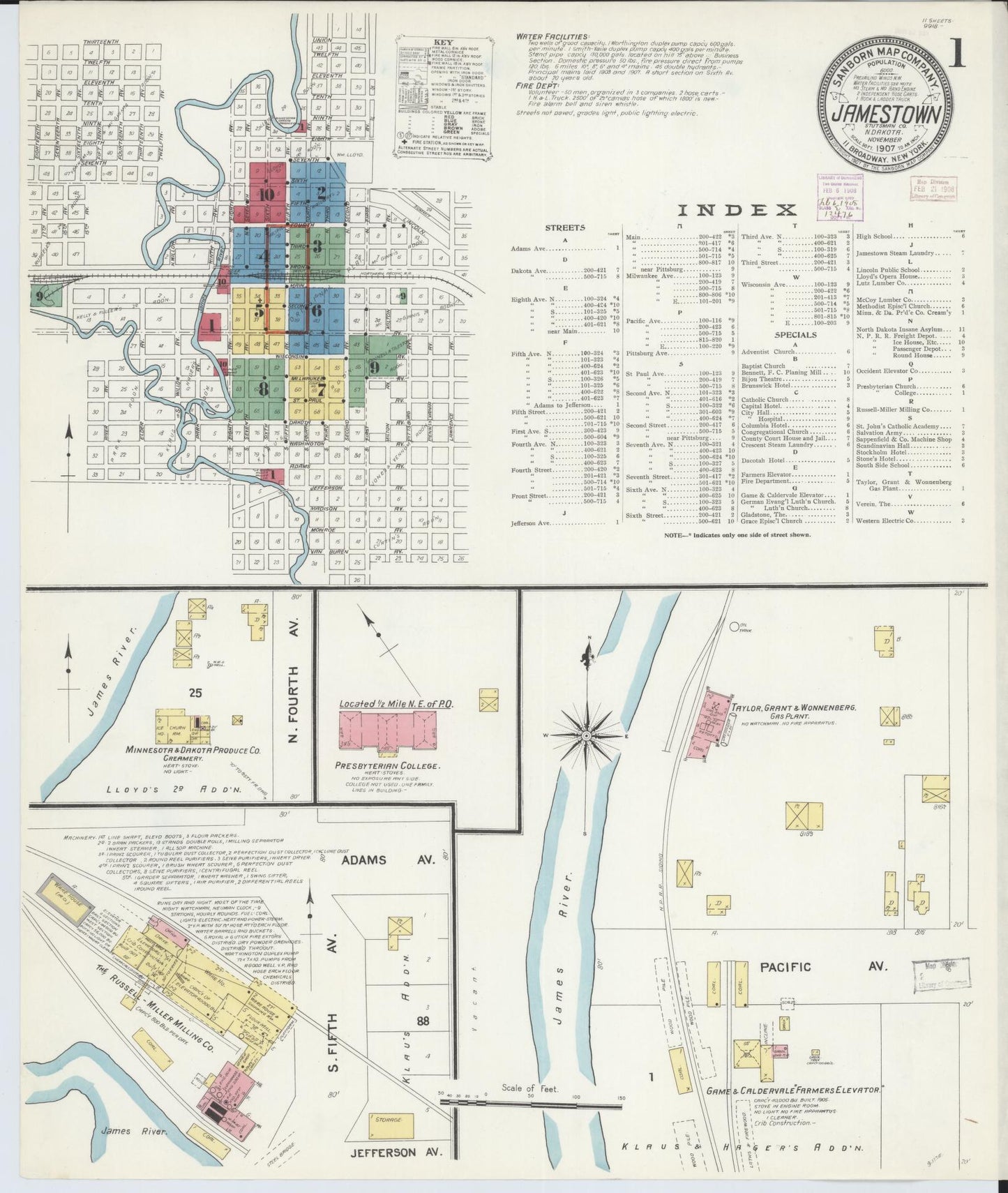 Sanborn Fire Insurance Map from Jamestown, Stutsman County, North Dakota (1907), Sheet #0001 - Historic Sanborn Fire Insurance Map Print, vintage old map wall art, antique decor, genealogy gift, North Dakota North Dakota map