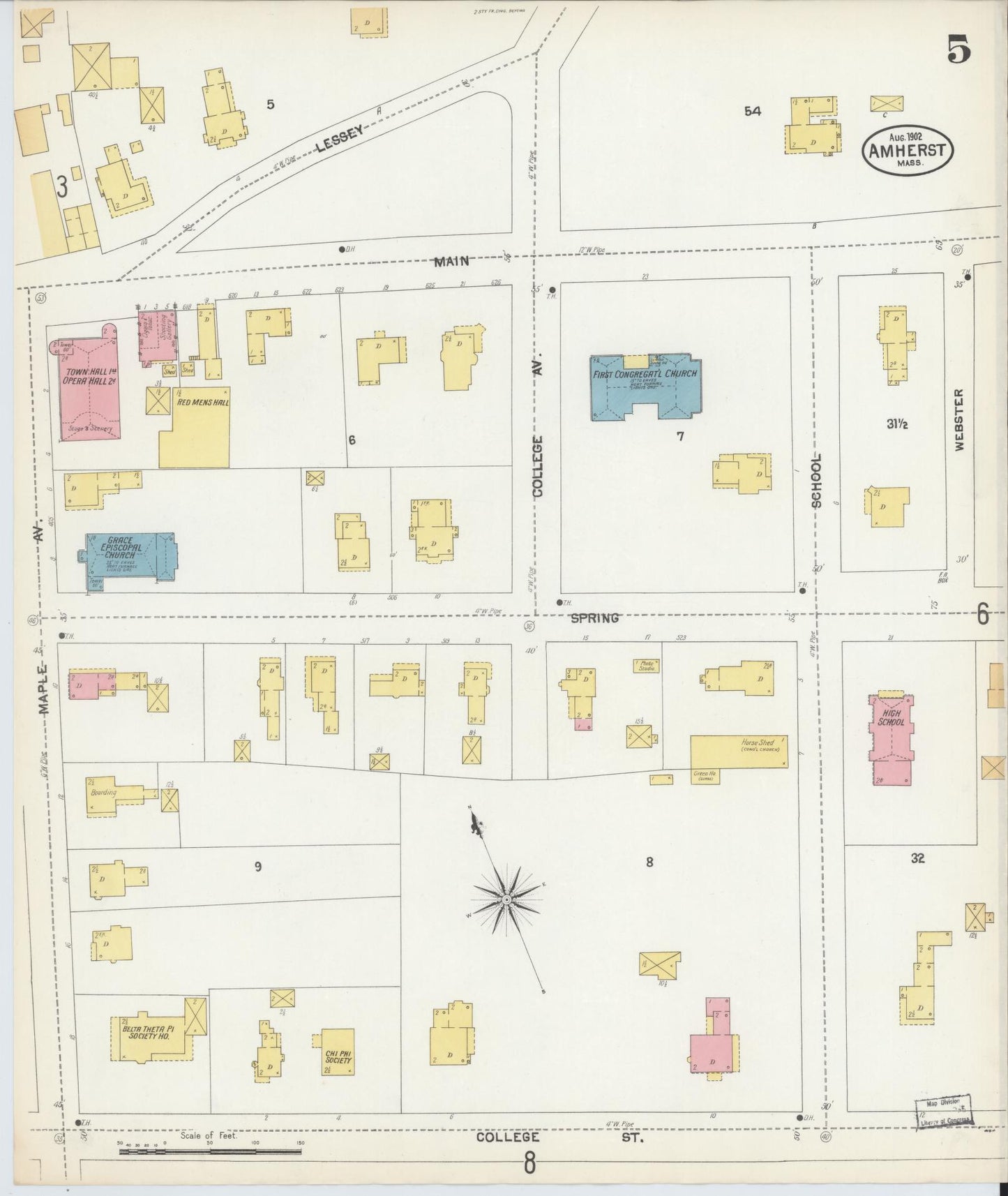 Sanborn Fire Insurance Map from Amherst, Hampshire County, Massachusetts (1902), Sheet #0005 - Complete Map Set gallery image, historic Sanborn map, vintage wall art, Massachusetts Massachusetts