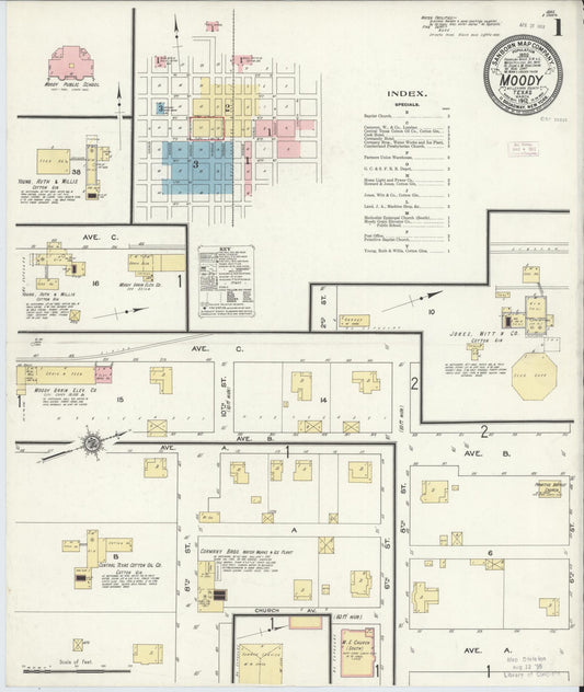 Sanborn Fire Insurance Map from Moody, McLennan County, Texas (1912), Sheet #0001 - Complete Map Set gallery image, historic Sanborn map, vintage wall art, Texas Texas