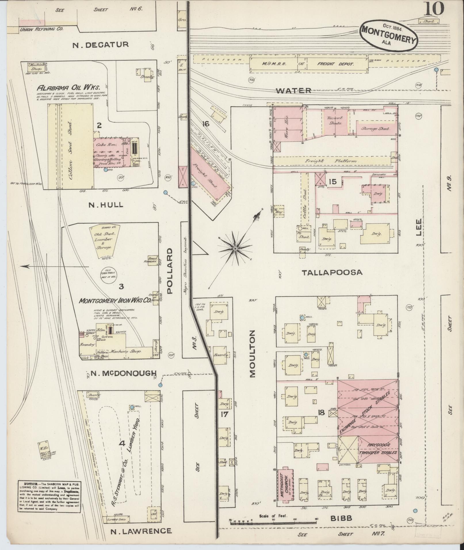 Sanborn Fire Insurance Map from Montgomery, Montgomery County, Alabama (1884), Sheet #0010 - Historic Sanborn Fire Insurance Map Print, vintage old map wall art, antique decor, genealogy gift, Alabama Alabama map