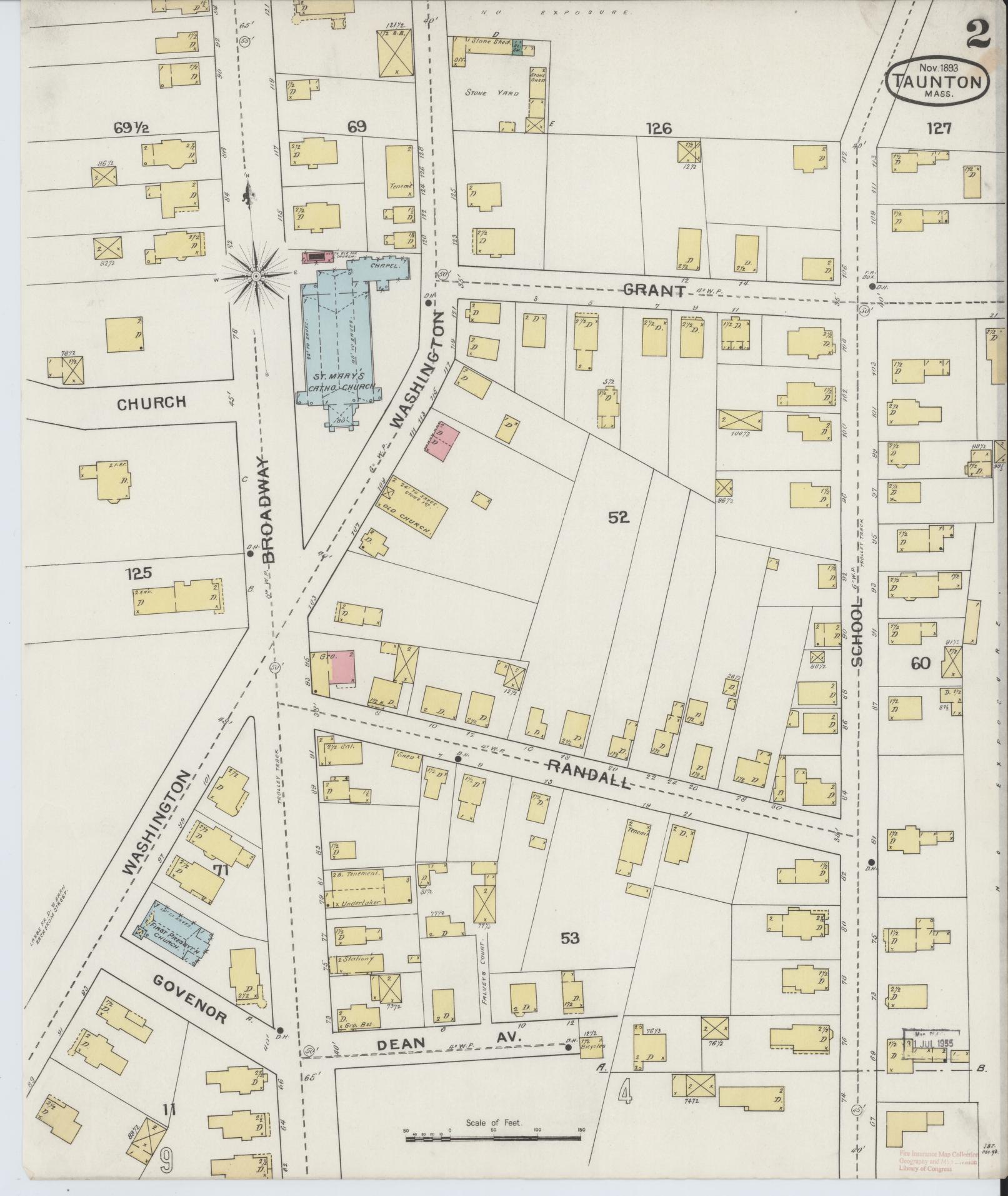 Sanborn Fire Insurance Map from Taunton, Bristol County, Massachusetts (1893), Sheet #0002 - Historic Sanborn Fire Insurance Map Print, vintage old map wall art, antique decor, genealogy gift, Massachusetts Massachusetts map