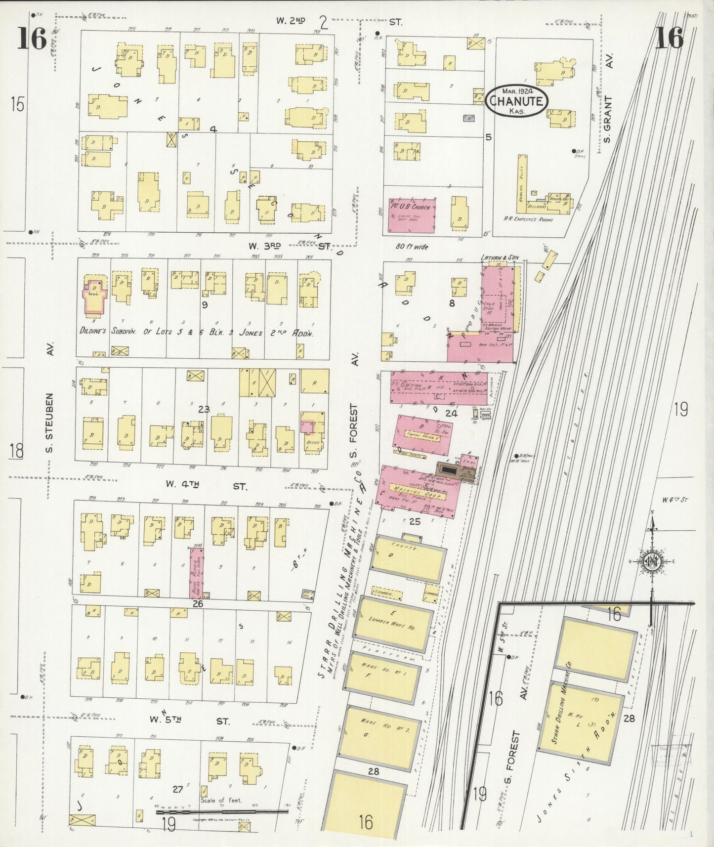 Sanborn Fire Insurance Map from Chanute, Neosho County, Kansas (1924), Sheet #0016 - Complete Map Set gallery image, historic Sanborn map, vintage wall art, Kansas Kansas
