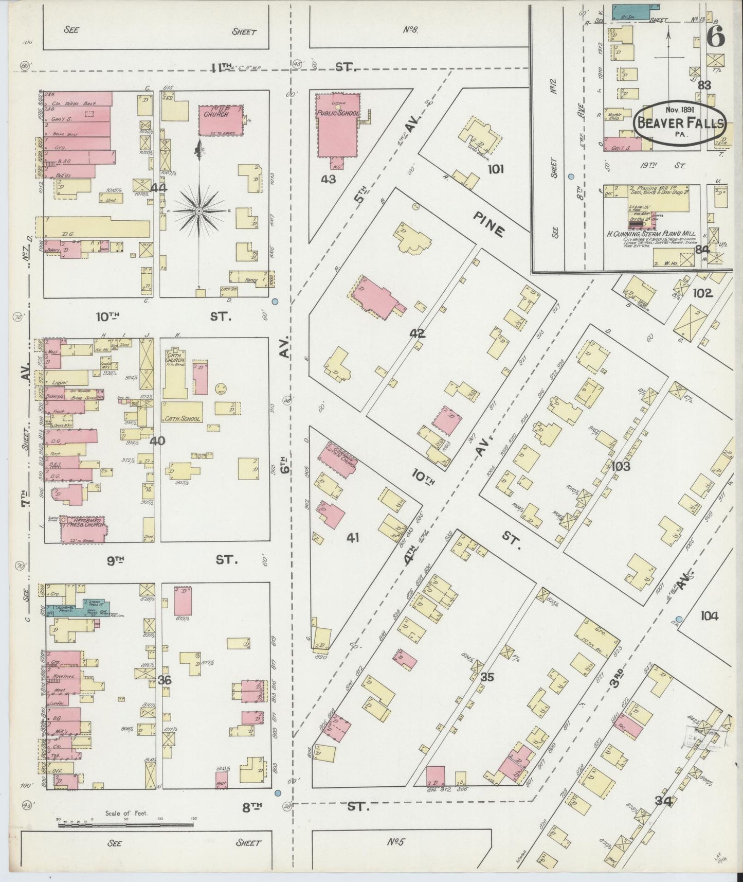Sanborn Fire Insurance Map from Beaver Falls, Beaver County, Pennsylvania (1891), Sheet #0006 - Historic Sanborn Fire Insurance Map Print, vintage old map wall art, antique decor, genealogy gift, Pennsylvania Pennsylvania map