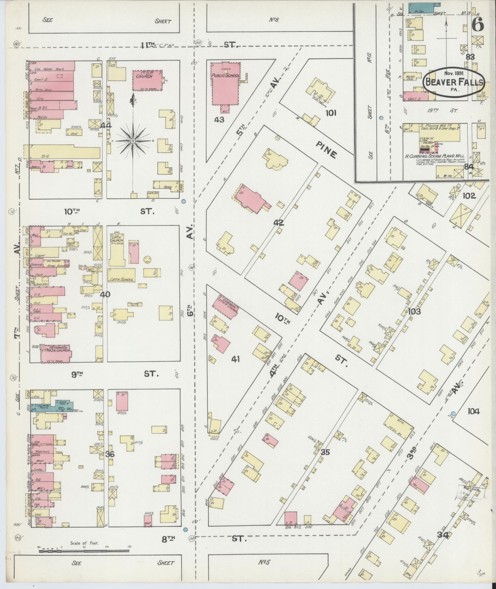 Sanborn Fire Insurance Map from Beaver Falls, Beaver County, Pennsylvania (1891), Sheet #0006 - Historic Sanborn Fire Insurance Map Print, vintage old map wall art, antique decor, genealogy gift, Pennsylvania Pennsylvania map