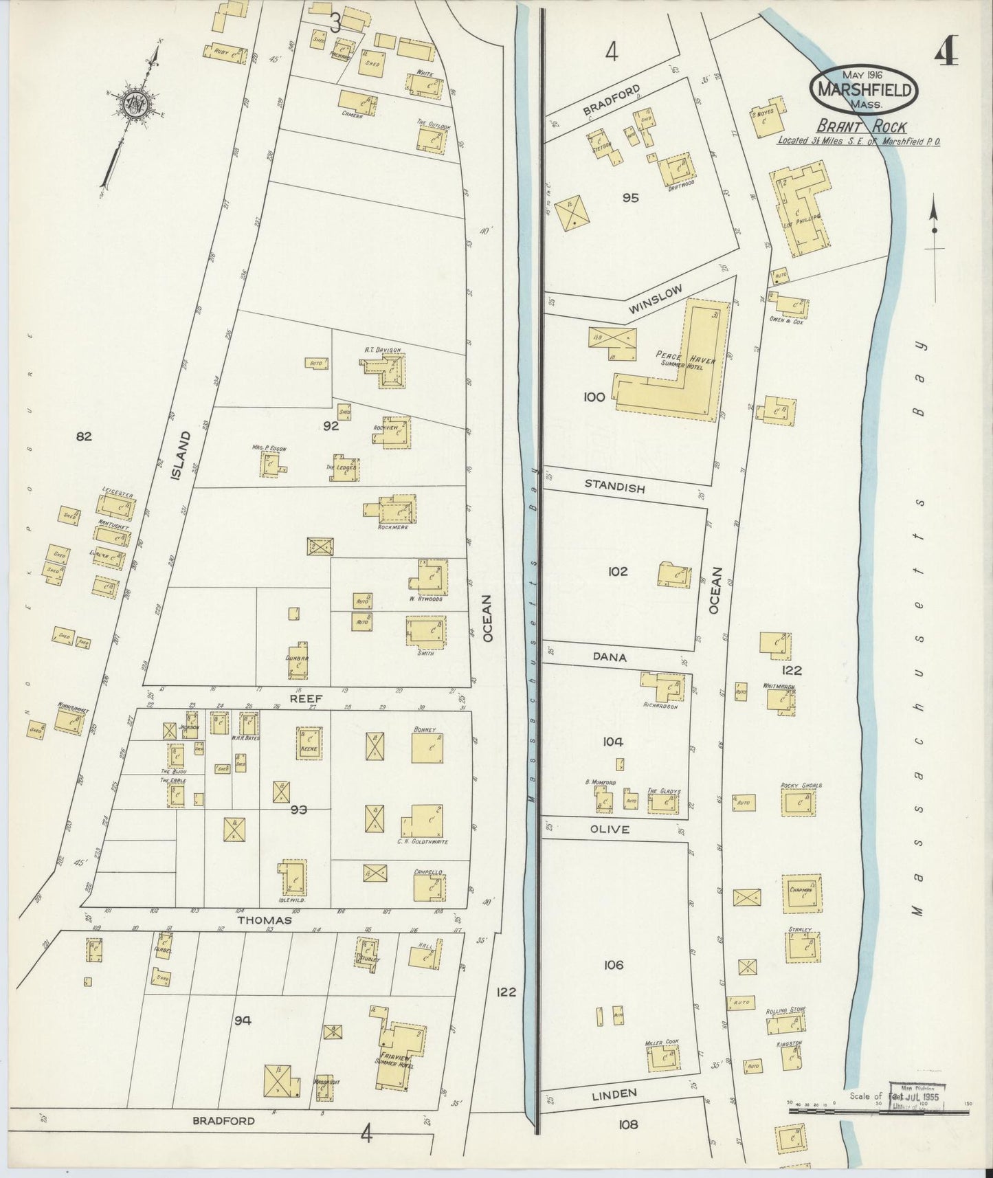Sanborn Fire Insurance Map from Marshfield, Plymouth County, Massachusetts (1916), Sheet #0004 - Historic Sanborn Fire Insurance Map Print, vintage old map wall art, antique decor, genealogy gift, Massachusetts Massachusetts map