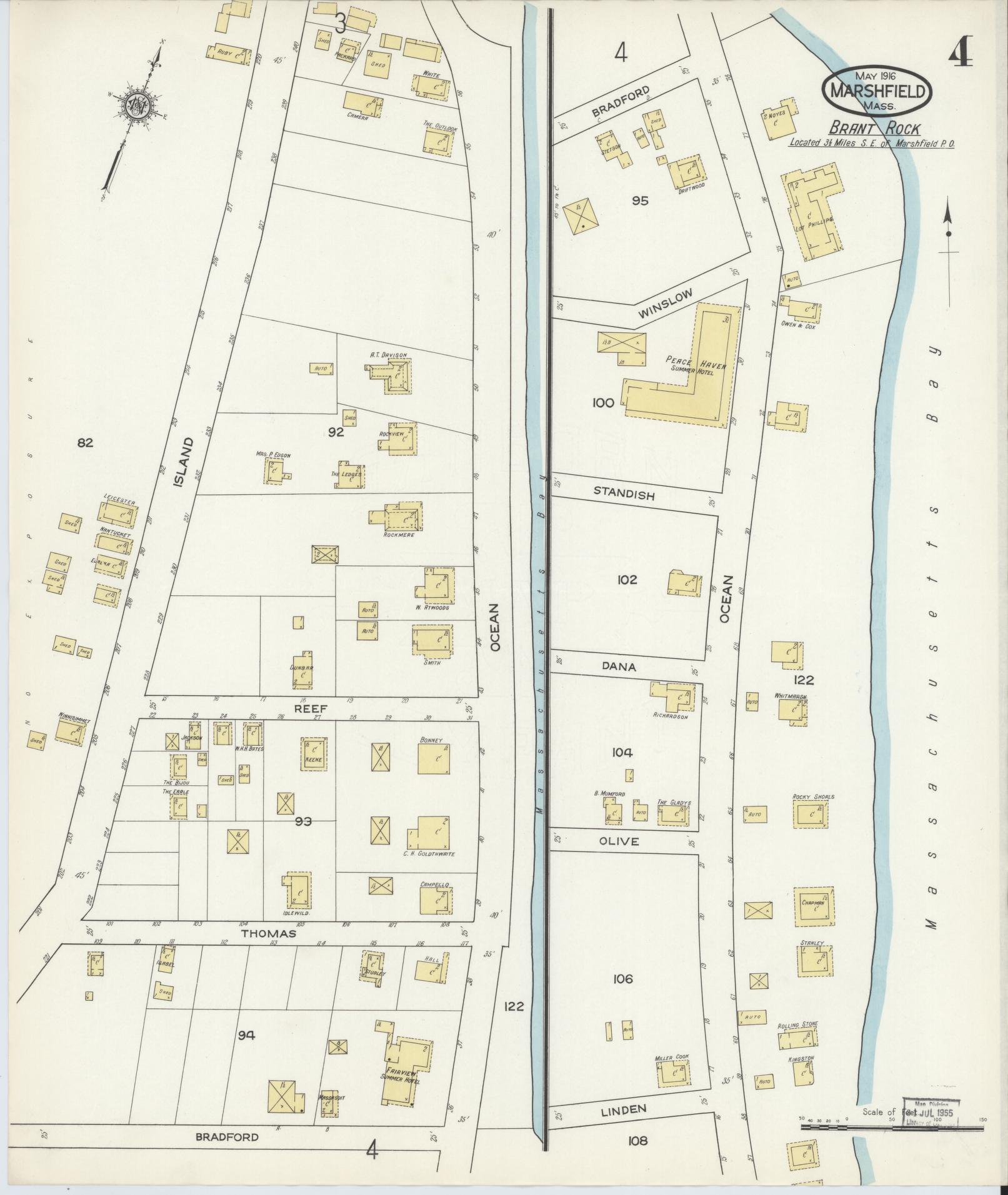 Sanborn Fire Insurance Map from Marshfield, Plymouth County, Massachusetts (1916), Sheet #0004 - Historic Sanborn Fire Insurance Map Print, vintage old map wall art, antique decor, genealogy gift, Massachusetts Massachusetts map