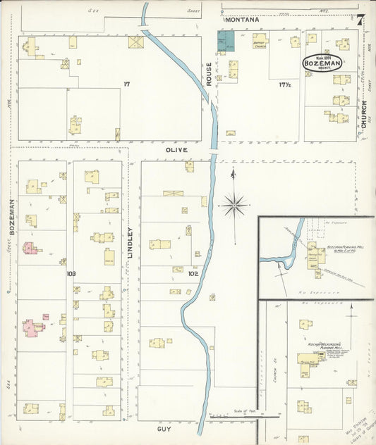 Sanborn Fire Insurance Map from Bozeman, Gallatin County, Montana (1891), Sheet #0007 - Historic Sanborn Fire Insurance Map Print, vintage old map wall art, antique decor, genealogy gift, Montana Montana map