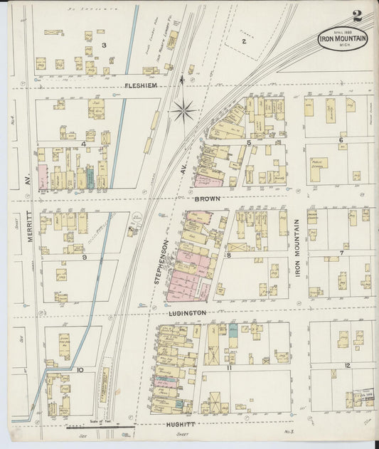 Sanborn Fire Insurance Map from Iron Mountain, Dickinson County, Michigan (1888), Sheet #0002 - Historic Sanborn Fire Insurance Map Print, vintage old map wall art, antique decor, genealogy gift, Michigan Michigan map