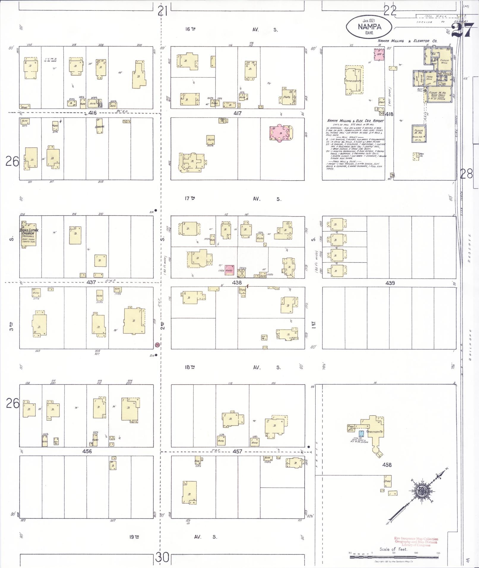 Sanborn Fire Insurance Map from Nampa, Canyon County, Idaho (1921), Sheet #0027 - Historic Sanborn Fire Insurance Map Print, vintage old map wall art, antique decor, genealogy gift, Idaho Idaho map