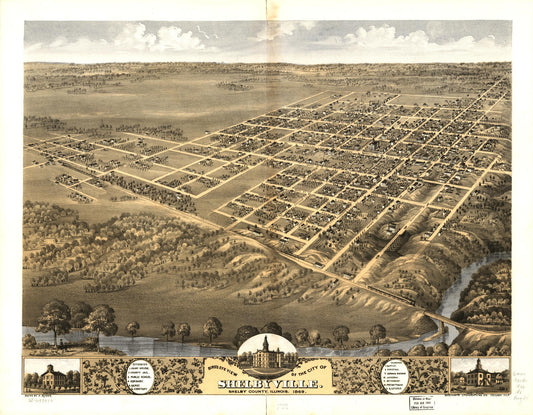 Bird's eye view of the city of Shelbyville, Shelby County, Illinois 1869. (1869) – Historic Bird’s-Eye View Panorama Print