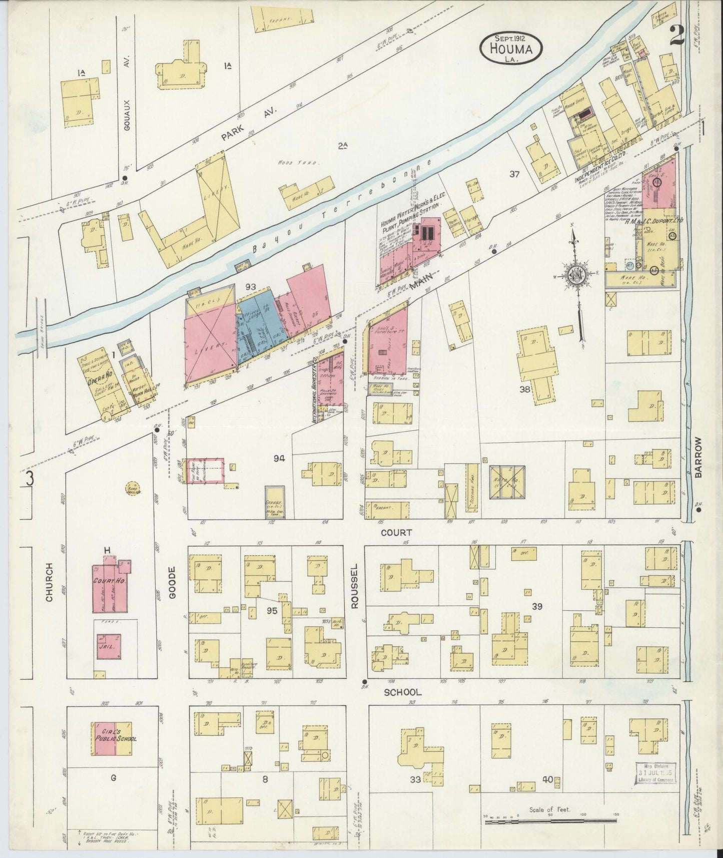 Sanborn Fire Insurance Map from Houma, Terrebonne Parish, Louisiana (1912), Sheet #0002 - Historic Sanborn Fire Insurance Map Print, vintage old map wall art, antique decor, genealogy gift, Louisiana Louisiana map