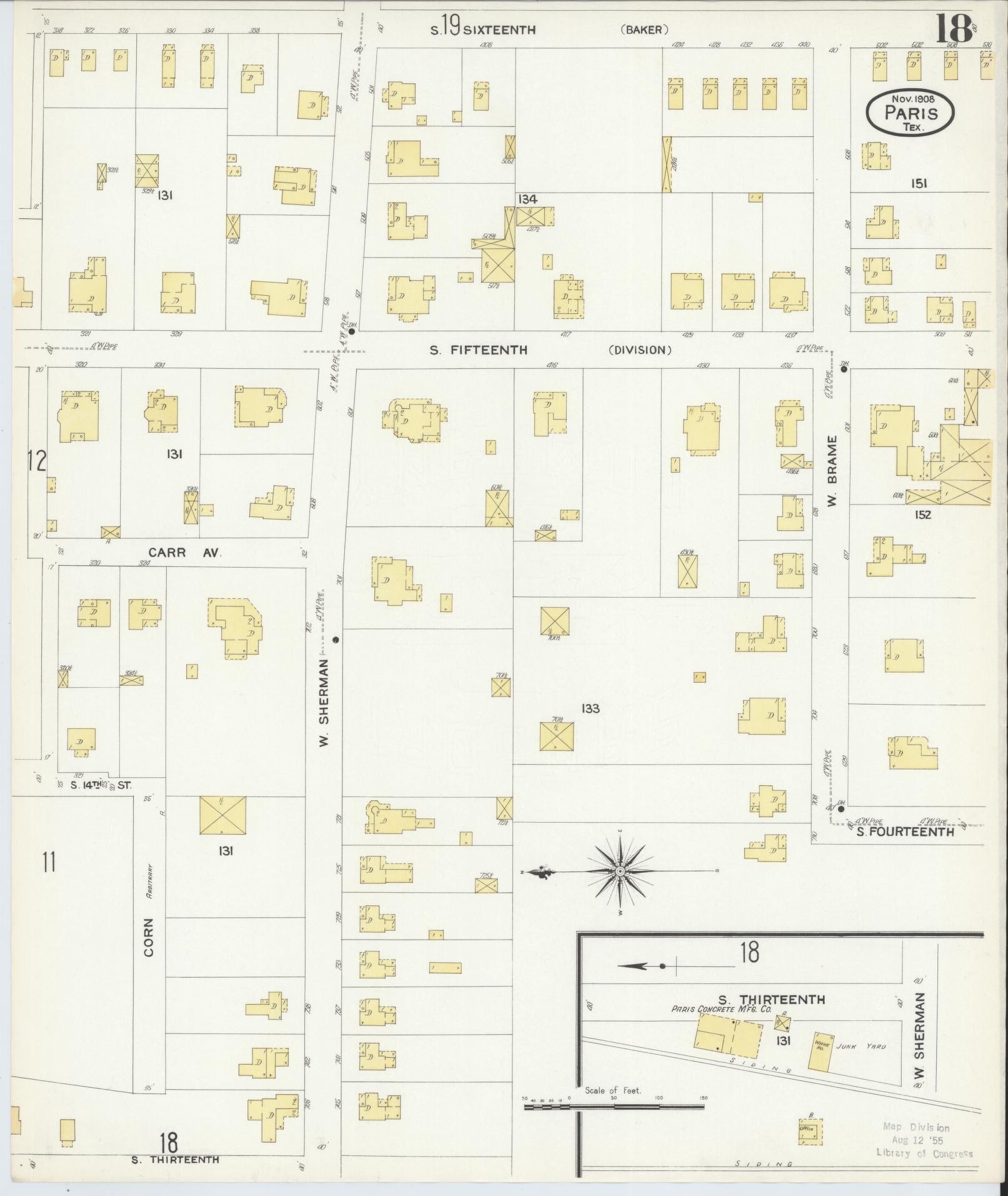 Sanborn Fire Insurance Map from Paris, Lamar County, Texas (1908), Sheet #0018 - Complete Map Set gallery image, historic Sanborn map, vintage wall art, Texas Texas