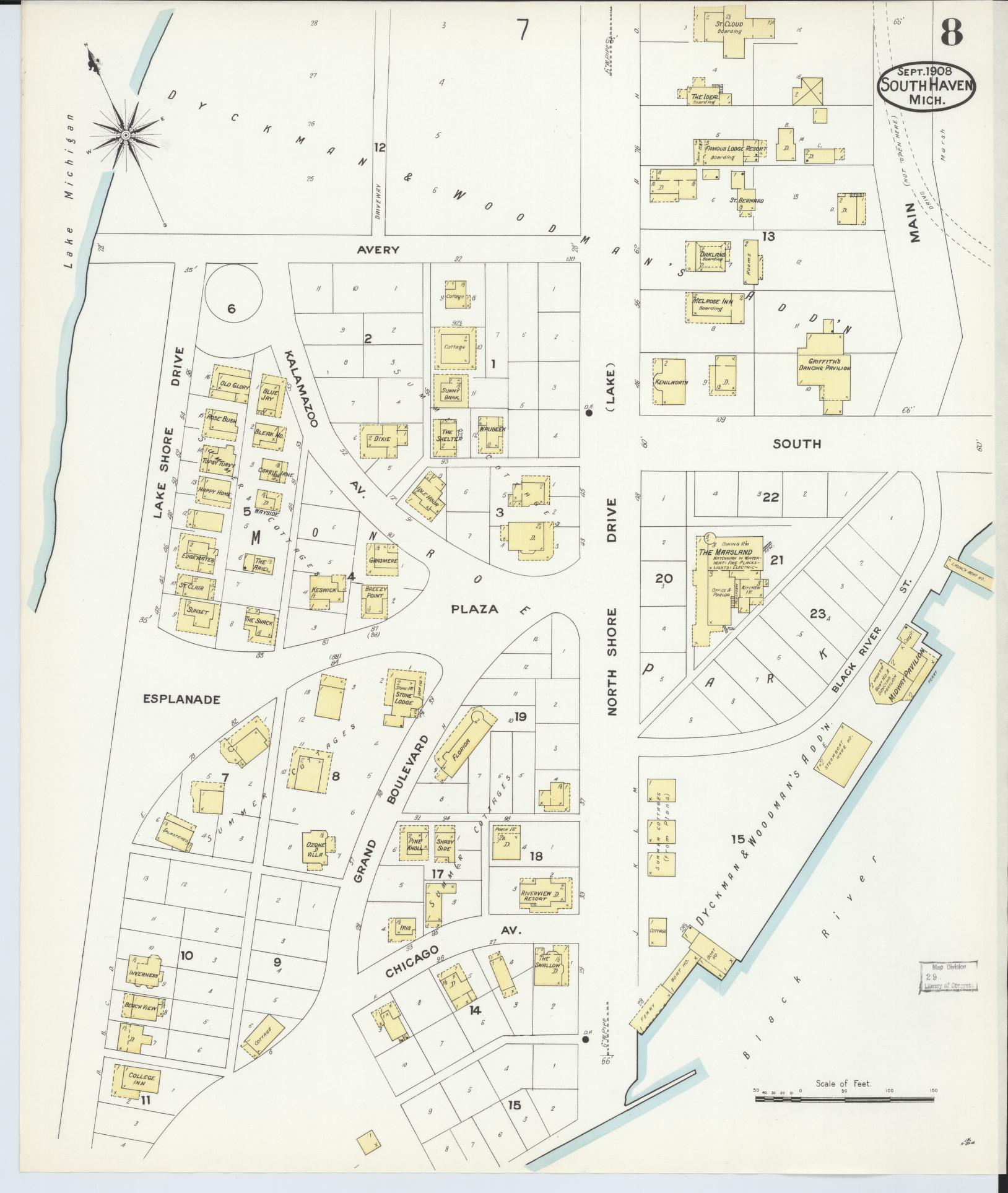 Sanborn Fire Insurance Map from South Haven, Van Buren County, Michigan (1908), Sheet #0008 - Historic Sanborn Fire Insurance Map Print, vintage old map wall art, antique decor, genealogy gift, Michigan Michigan map