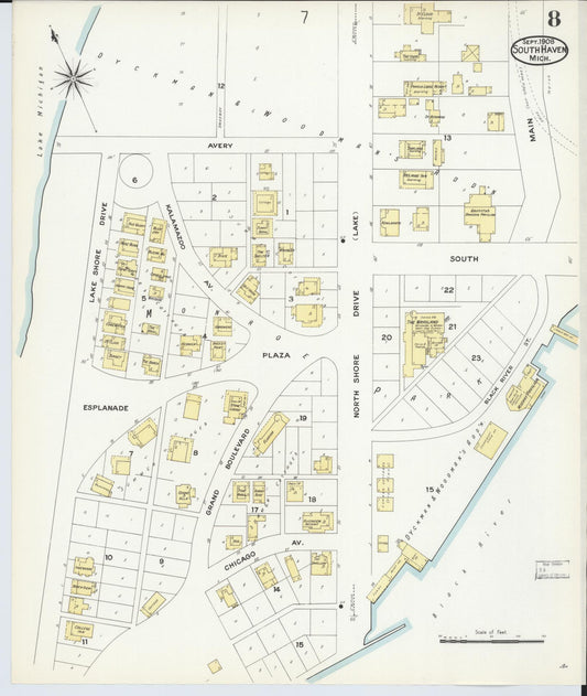 Sanborn Fire Insurance Map from South Haven, Van Buren County, Michigan (1908), Sheet #0008 - Historic Sanborn Fire Insurance Map Print, vintage old map wall art, antique decor, genealogy gift, Michigan Michigan map