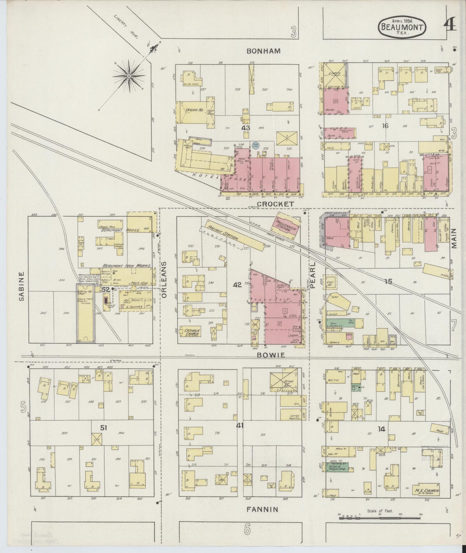 Sanborn Fire Insurance Map from Beaumont, Jefferson County, Texas (1894), Sheet #0004 - Complete Map Set gallery image, historic Sanborn map, vintage wall art, Texas Texas