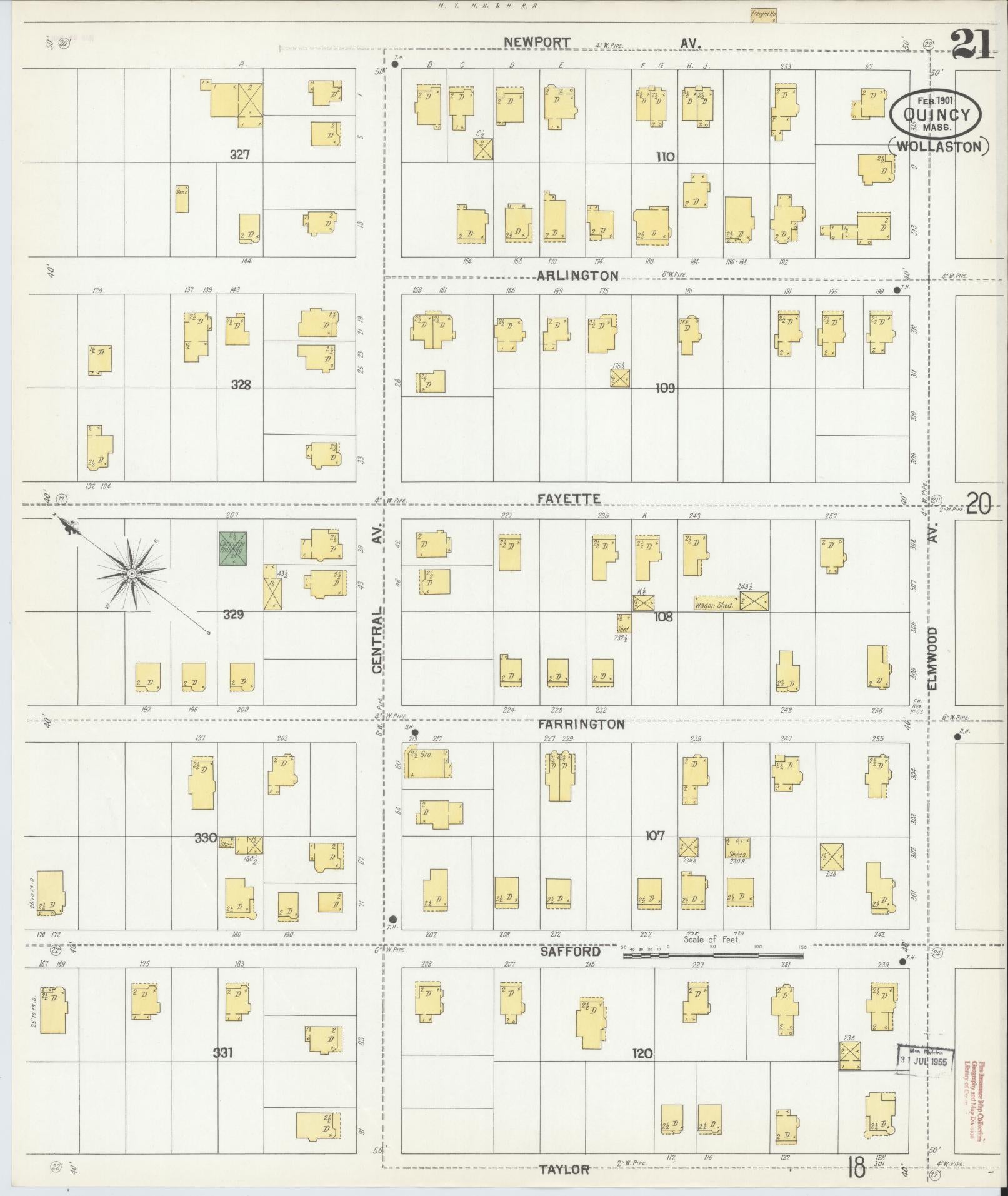 Sanborn Fire Insurance Map from Quincy, Norfolk County, Massachusetts (1901), Sheet #0021 - Historic Sanborn Fire Insurance Map Print, vintage old map wall art, antique decor, genealogy gift, Massachusetts Massachusetts map