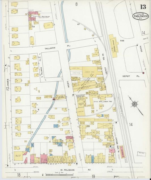 Sanborn Fire Insurance Map from Englewood, Bergen County, New Jersey (1915), Sheet #0013 - Historic Sanborn Fire Insurance Map Print, vintage old map wall art, antique decor, genealogy gift, New Jersey New Jersey map