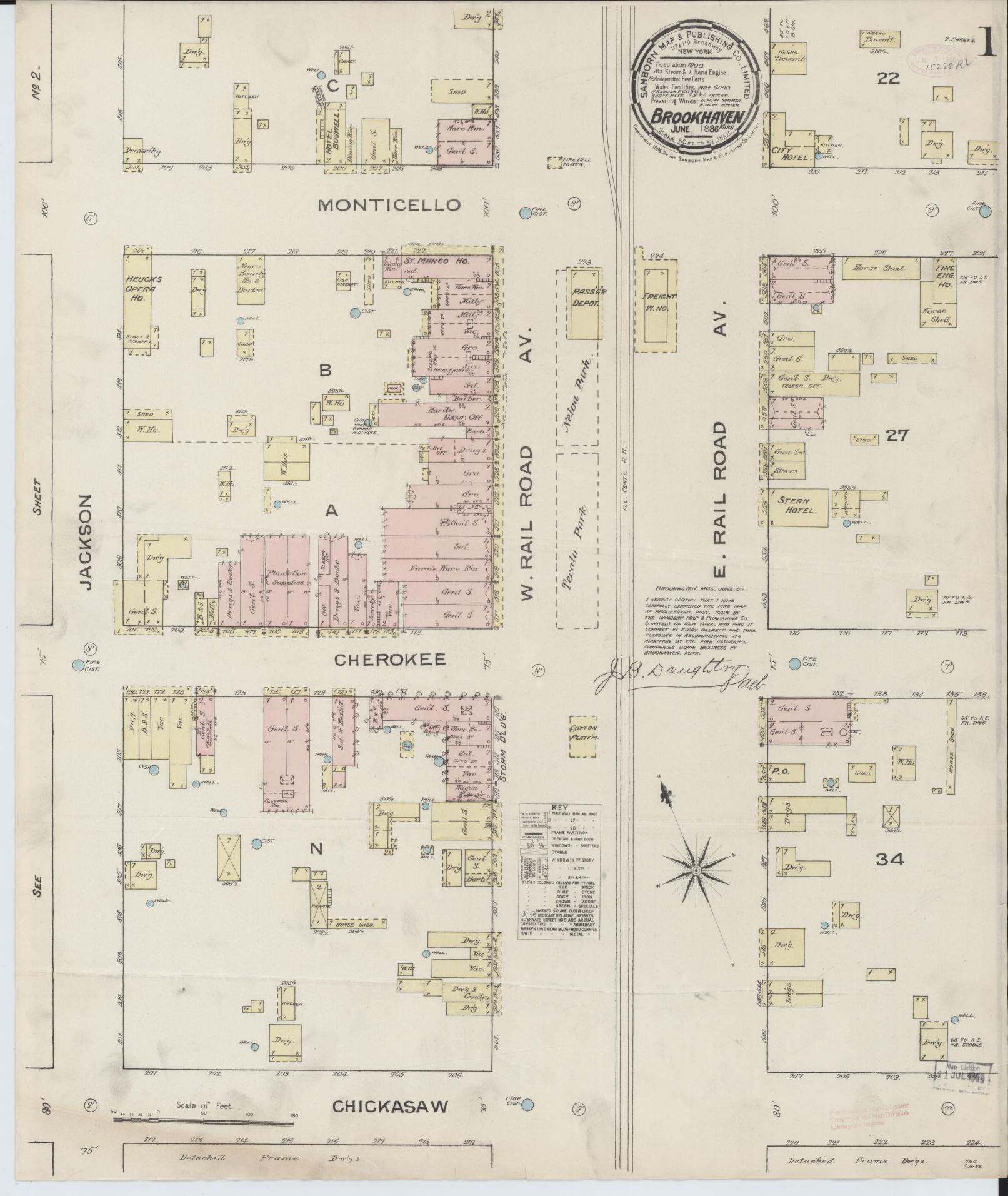 Sanborn Fire Insurance Map from Brookhaven, Lincoln County, Mississippi (1886), Sheet #0001 - Historic Sanborn Fire Insurance Map Print, vintage old map wall art, antique decor, genealogy gift, Mississippi Mississippi map