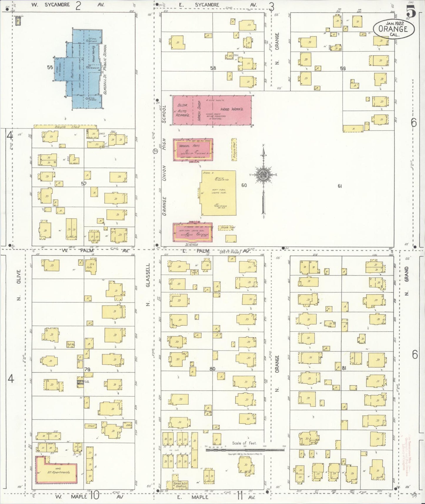 Sanborn Fire Insurance Map from Orange, Orange County, California (1922), Sheet #0005 - Complete Map Set gallery image, historic Sanborn map, vintage wall art, California California