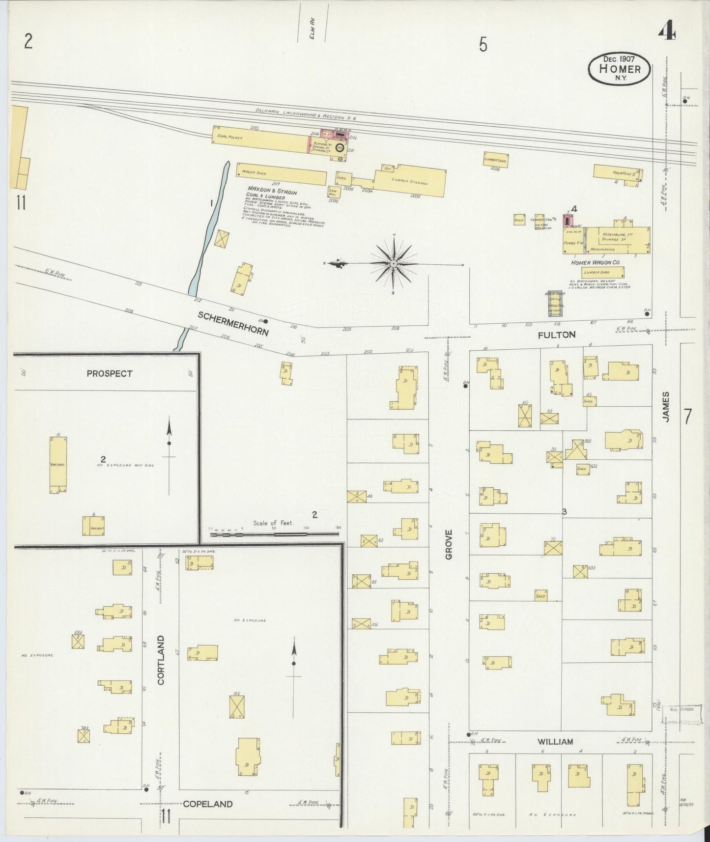 Sanborn Fire Insurance Map from Homer, Cortland County, New York (1907), Sheet #0004 - Historic Sanborn Fire Insurance Map Print, vintage old map wall art, antique decor, genealogy gift, New York New York map