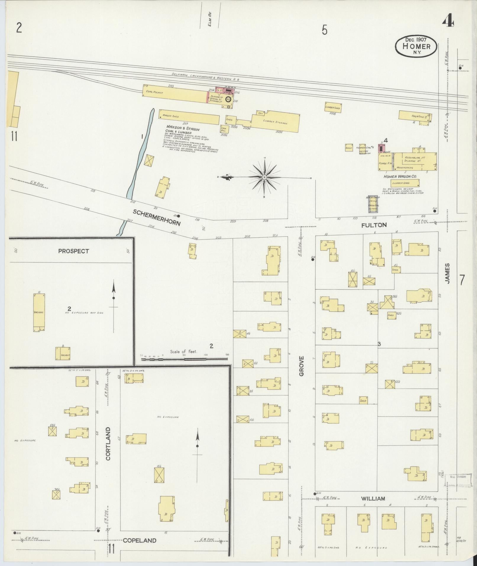 Sanborn Fire Insurance Map from Homer, Cortland County, New York (1907), Sheet #0004 - Historic Sanborn Fire Insurance Map Print, vintage old map wall art, antique decor, genealogy gift, New York New York map