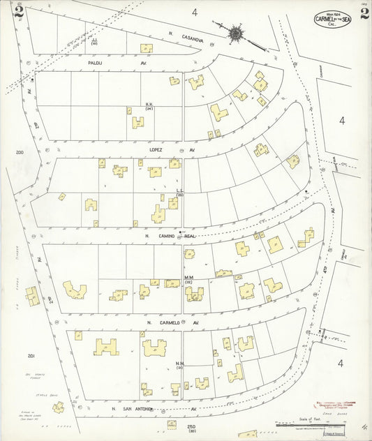 Sanborn Fire Insurance Map from Carmel By The Sea, Monterey County, California (1924), Sheet #0002 - Historic Sanborn Fire Insurance Map Print, vintage old map wall art, antique decor, genealogy gift, California California map