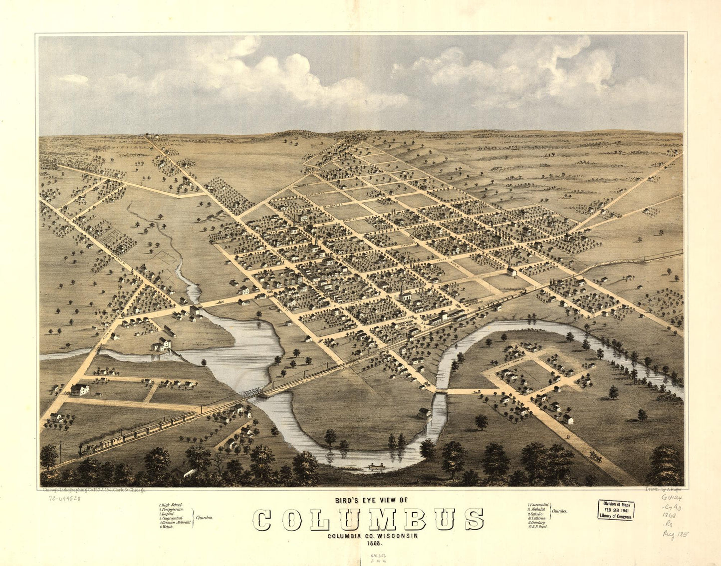 Bird's eye view of Columbus, Columbia Co., Wisconsin 1868. (1868) – Historic Bird’s-Eye View Panorama Print