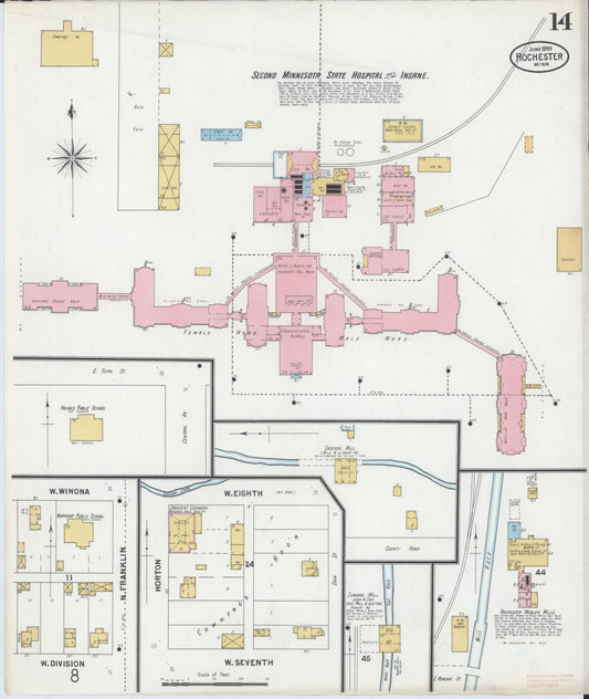 Sanborn Fire Insurance Map from Rochester, Olmsted County, Minnesota (1899), Sheet #0014 - Historic Sanborn Fire Insurance Map Print, vintage old map wall art, antique decor, genealogy gift, Minnesota Minnesota map