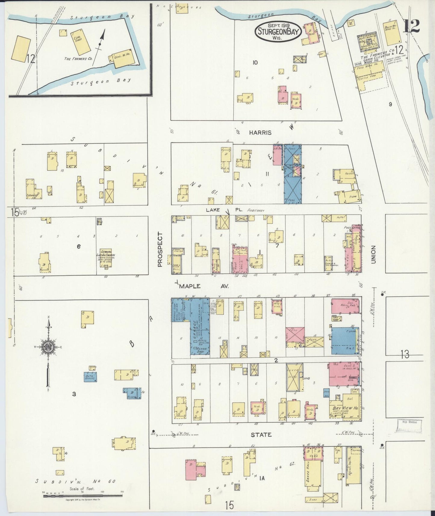 Sanborn Fire Insurance Map from Sturgeon Bay, Door County, Wisconsin (1919), Sheet #0012 - Historic Sanborn Fire Insurance Map Print, vintage old map wall art, antique decor, genealogy gift, Wisconsin Wisconsin map