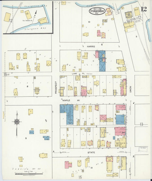 Sanborn Fire Insurance Map from Sturgeon Bay, Door County, Wisconsin (1919), Sheet #0012 - Historic Sanborn Fire Insurance Map Print, vintage old map wall art, antique decor, genealogy gift, Wisconsin Wisconsin map