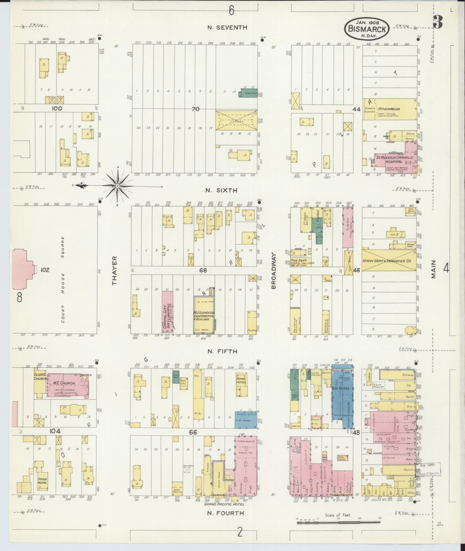 Sanborn Fire Insurance Map from Bismarck, Burleigh County, North Dakota (1906), Sheet #0003 - Historic Sanborn Fire Insurance Map Print, vintage old map wall art, antique decor, genealogy gift, North Dakota North Dakota map
