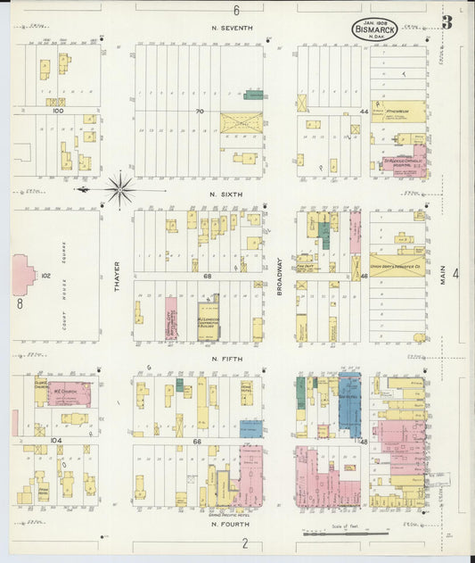 Sanborn Fire Insurance Map from Bismarck, Burleigh County, North Dakota (1906), Sheet #0003 - Historic Sanborn Fire Insurance Map Print, vintage old map wall art, antique decor, genealogy gift, North Dakota North Dakota map