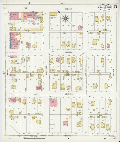 Sanborn Fire Insurance Map from North Vernon, Jennings County, Indiana (1899), Sheet #0005 - Historic Sanborn Fire Insurance Map Print, vintage old map wall art, antique decor, genealogy gift, Indiana Indiana map