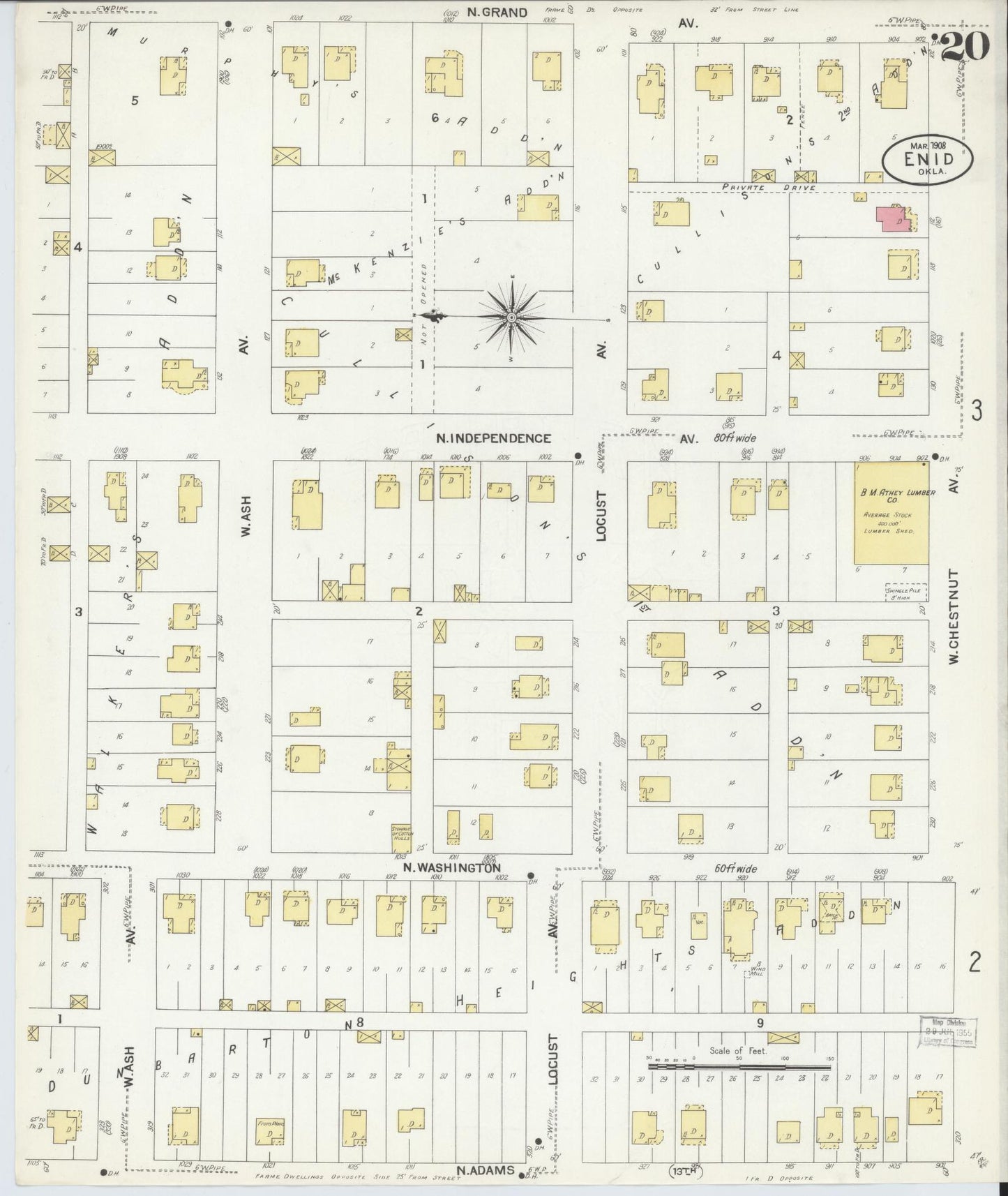 Sanborn Fire Insurance Map from Enid, Garfield County, Oklahoma (1908), Sheet #0020 - Historic Sanborn Fire Insurance Map Print, vintage old map wall art, antique decor, genealogy gift, Oklahoma Oklahoma map