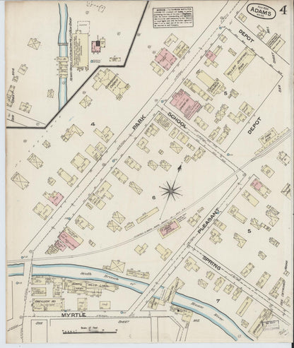 Sanborn Fire Insurance Map from Adams, Berkshire County, Massachusetts (1884), Sheet #0004 - Historic Sanborn Fire Insurance Map Print, vintage old map wall art, antique decor, genealogy gift, Massachusetts Massachusetts map
