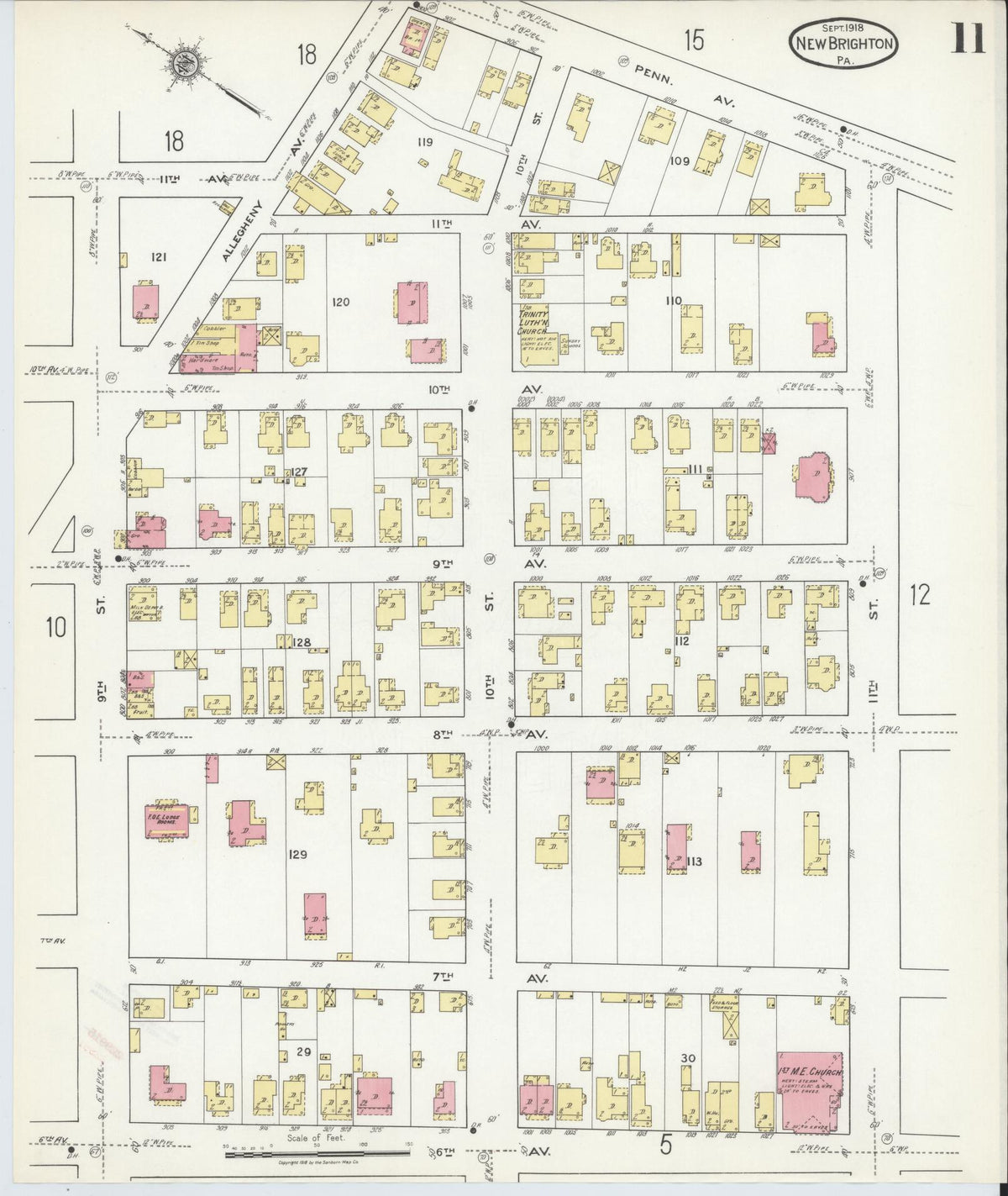Sanborn Fire Insurance Map from New Brighton, Beaver County, Pennsylvania (1918), Sheet #0011 - Historic Sanborn Fire Insurance Map Print, vintage old map wall art, antique decor, genealogy gift, Pennsylvania Pennsylvania map