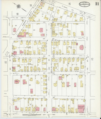 Sanborn Fire Insurance Map from New Brighton, Beaver County, Pennsylvania (1918), Sheet #0011 - Historic Sanborn Fire Insurance Map Print, vintage old map wall art, antique decor, genealogy gift, Pennsylvania Pennsylvania map